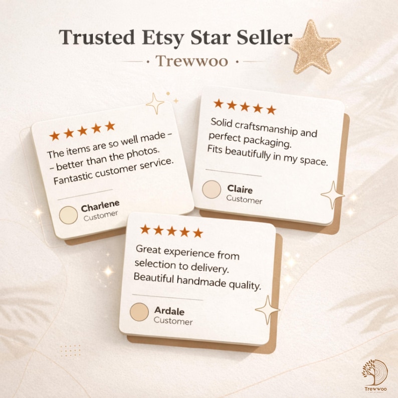 以下が含まれることがあります： Etsyショップの顧客レビューを示す画像です。「Trusted Etsy Star Seller」の文字と、5つ星評価の3つの顧客の声が特徴です。レビューは品質、職人技、顧客サービスを強調しています。