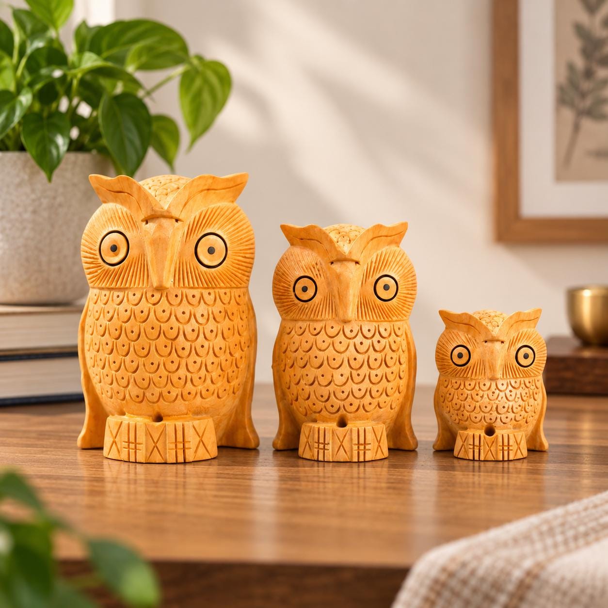 Kadam Wood Owl Family Statue | Hand Carved Wooden Figurines | Wisdom Home Decor by Trewwoo