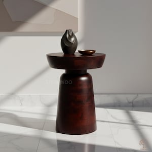 Nordic Table | Deep Red Side Table | Solid Mango Wood Pedestal | Modern Rustic Decor by Trewwoo