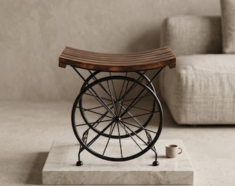 Sgabello rustico con ruote in ferro / Tavolino d'appoggio in legno di mango / Supporto per piante in stile industriale di Trewwoo