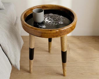 Floral Resin Inlay Side Table | Handcrafted Mango Wood Accent Table | Boho Living Room Furniture by Trewwoo