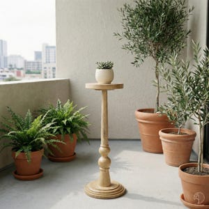 May include: A light-colored wooden plant stand with a small, round top and a decorative base. A small, white textured pot with a succulent sits on top. Several potted plants, including ferns and olive trees, are arranged around the stand on a balcony.