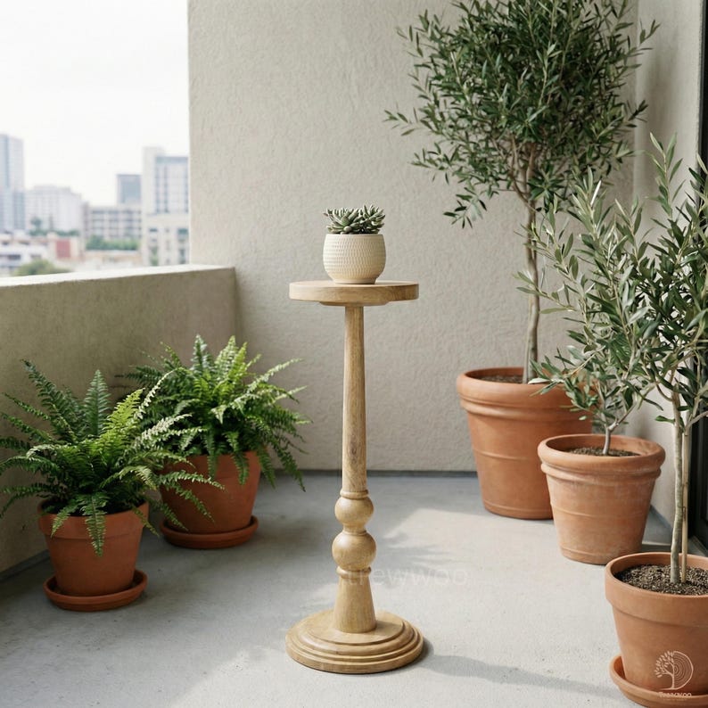 May include: A light-colored wooden plant stand with a small, round top and a decorative base. A small, white textured pot with a succulent sits on top. Several potted plants, including ferns and olive trees, are arranged around the stand on a balcony.