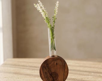 Estación de propagación redonda / Maceta de madera de acacia / Jarrón de tubo de ensayo de vidrio / Decoración de escritorio de Trewwoo