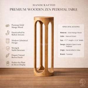 Op de afbeelding: Handgemaakte, premium houten Zen-voetstuktafel van massief mangohout. De natuurlijk bruine tafel heeft een modern open frame-ontwerp en is 45 cm hoog en 32 cm breed. Perfect voor planten en decoratie.