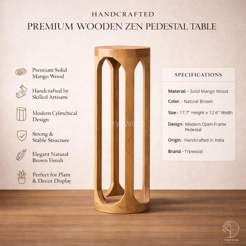 Op de afbeelding: Handgemaakte, premium houten Zen-voetstuktafel van massief mangohout. De natuurlijk bruine tafel heeft een modern open frame-ontwerp en is 45 cm hoog en 32 cm breed. Perfect voor planten en decoratie.