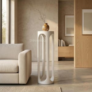 Handcrafted Zen Pedestal Table, Minimalist Solid Wood Accent Table, White Wooden Side Table, Japandi Decor, Modern Small Side Table