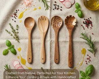 Zestaw przyborów kuchennych z drewna tekowego | Ręcznie robiony zestaw szpatułki i łyżki z drewna | Zestaw 4 elementów firmy Trewwoo