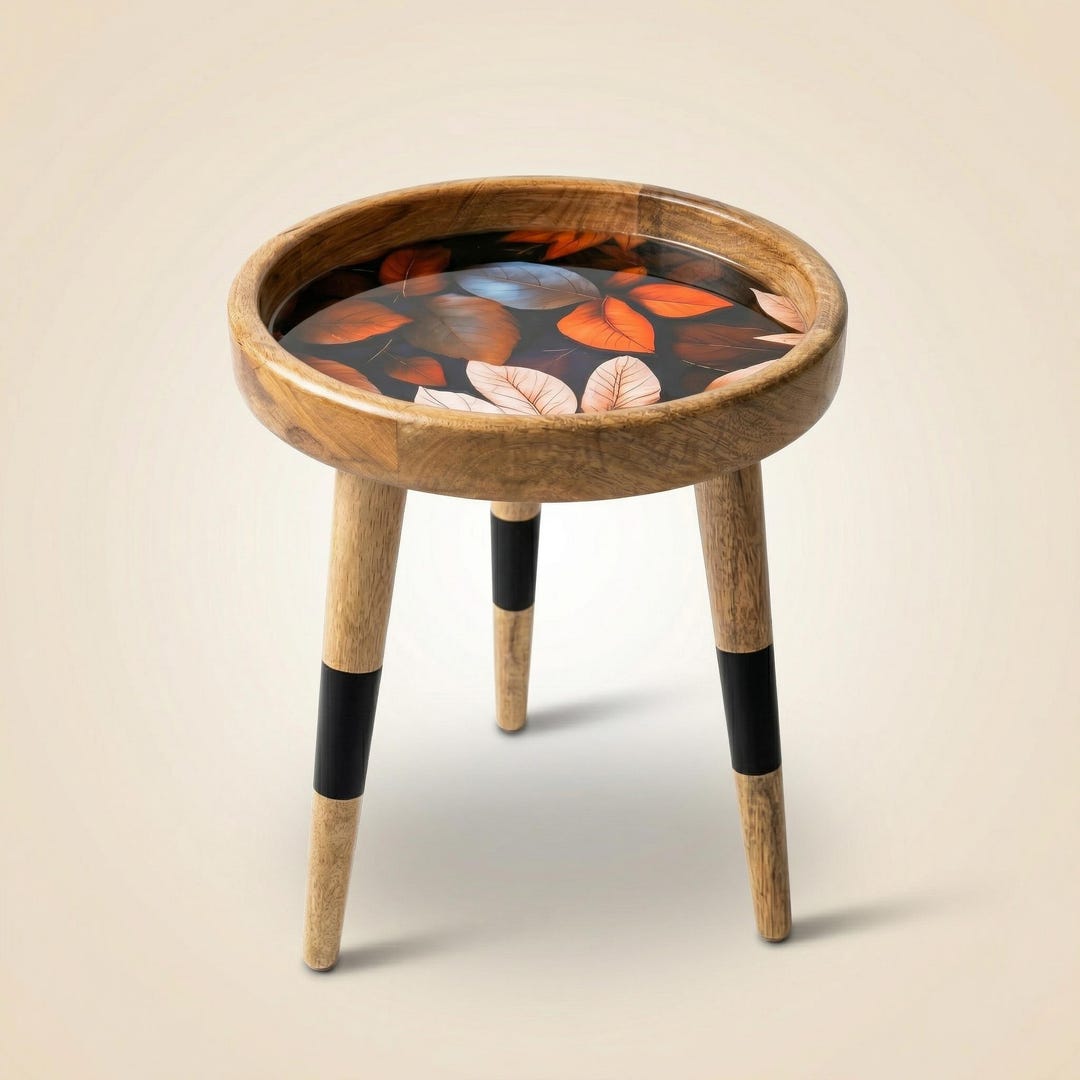 Botanical Leaf Art Side Table | Handcrafted Mango Wood Accent Table ...