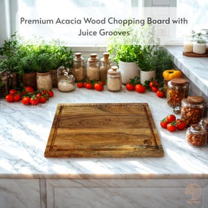 May include: A rectangular acacia wood chopping board with juice grooves. The board is a warm brown colour with a natural wood grain pattern. The text "Premium Acacia Wood Chopping Board with Juice Grooves" is at the top of the image.