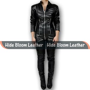 Black Sheepskin Leather Catsuit: Zip-Up Biker Jumpsuit - Edgy Clubwear