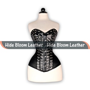 Premium Sheepskin Leather Corset for Women – Black Steel Boned Waist Trainer with Stud Accents and Adjustable Lace-Up Back