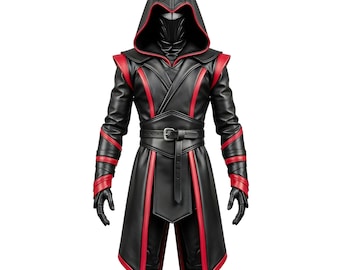 Handmade Black & Red Leather Assassin Coat: Gothic Medieval Hooded Trench