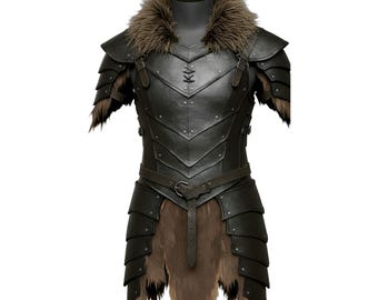 May include: A dark gray leather armor set with fur trim and accents, displayed on a mannequin. The armor features layered plates, a belt, and a fur collar. The design evokes a medieval or fantasy theme.