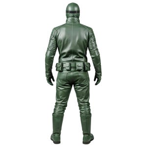 May include: A full-body green costume with a hood, goggles, and gloves. The outfit includes a jacket, pants, and boots. The jacket has a belt with pouches. The costume is made of a shiny material.