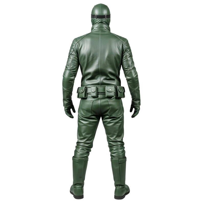 May include: A full-body green costume with a hood, goggles, and gloves. The outfit includes a jacket, pants, and boots. The jacket has a belt with pouches. The costume is made of a shiny material.