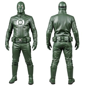 May include: Green superhero costume with a full-face mask, jacket, pants, gloves, and boots. The jacket features a white emblem on the chest and a belt with pouches. The costume is made of a shiny material.