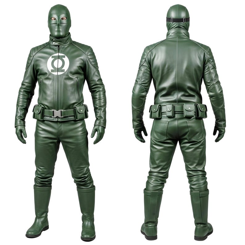 May include: Green superhero costume with a full-face mask, jacket, pants, gloves, and boots. The jacket features a white emblem on the chest and a belt with pouches. The costume is made of a shiny material.