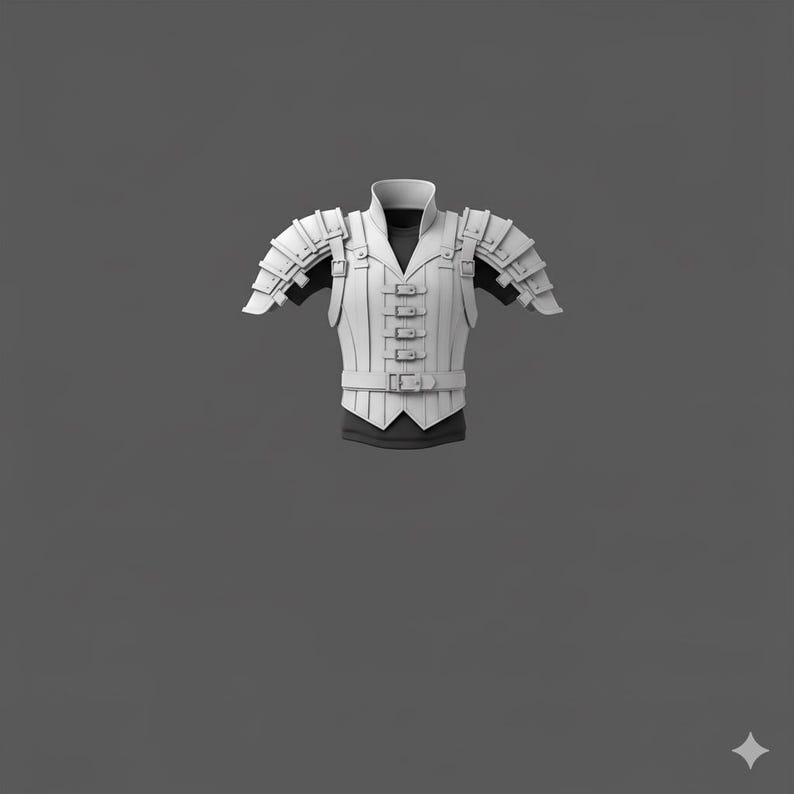 May include: A white fantasy armour vest with shoulder pauldrons, a high collar, and multiple buckle closures. The armour is layered over a black shirt, creating a contrast in colour and texture. The design suggests a medieval or fantasy theme.