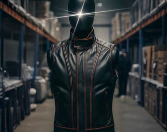 Men’s Handmade Black Genuine Leather Redline Armor Vest | Cyber Warrior Cosplay & Futuristic Fashion