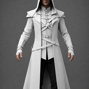 Men’s White Assassin Leather Hooded Coat | Handmade Cosplay Costume | Gothic Medieval Stealth Warrior Outfit image 1