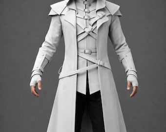 Men’s White Assassin Leather Hooded Coat | Handmade Cosplay Costume | Gothic Medieval Stealth Warrior Outfit