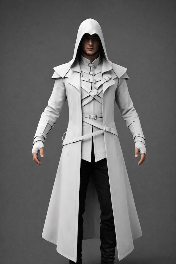 Men’s White Assassin Leather Hooded Coat | Handmade Cosplay Costume | Gothic Medieval Stealth Warrior Outfit