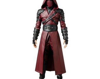 Handmade Maroon & Black Leather Assassin Costume: Hooded Warrior Coat