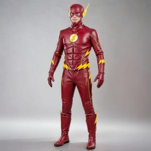 Pode incluir: Um traje de corpo inteiro vermelho escuro com detalhes de raios amarelos. O traje inclui uma máscara, luvas e botas. Um emblema de raio amarelo está no peito. O design é inspirado no super-herói, The Flash.