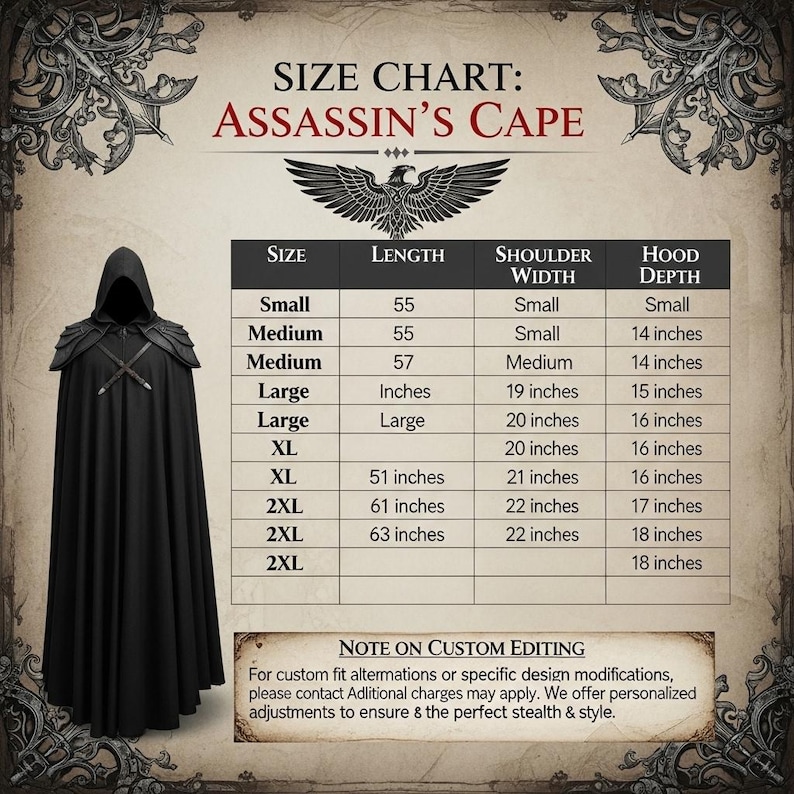 May include: A black Assassin's Cape with a hood and shoulder armor is displayed next to a size chart. The chart lists sizes from Small to 2XL, with lengths ranging from 139.7 cm to 160 cm. The chart also includes shoulder width and hood depth measurements.