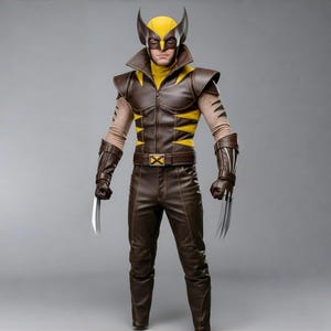May include: A brown and yellow Wolverine costume. The costume includes a brown leather-like jacket, trousers, and gloves. The mask is yellow with black accents. The claws are silver. The belt buckle has an "X" on it.