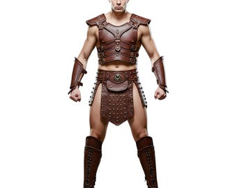May include: Brown leather gladiator costume featuring a chest plate, shoulder guards, arm cuffs, a studded skirt, and knee-high boots. The costume has metal buckles and studs. A historical or cosplay outfit.