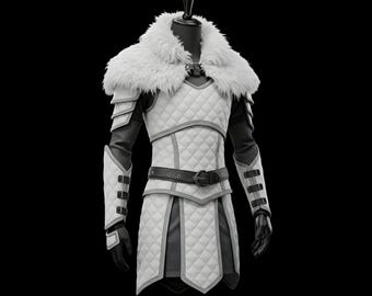 May include: A white and gray quilted armor set with a faux fur collar. The armor includes a belt, arm guards, and a tunic-style top. The mannequin is set against a black background.