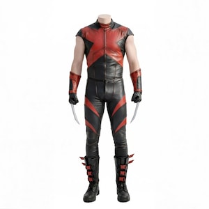 May include: A black and red superhero costume with a sleeveless top and matching trousers. The costume features an X-shaped design on the chest and red accents. Includes black gloves, wrist cuffs, boots, and two silver claws.
