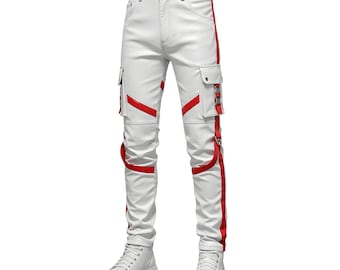 Handmade White & Red Leather Biker Pants: Slim Fit Gothic Streetwear