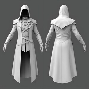 May include: A white hooded coat with a long, flowing design. The coat features a high collar, shoulder pads, and intricate strap and buckle details across the chest. The sleeves have armored cuffs. The image shows both the front and back of the coat.