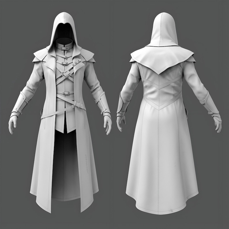 May include: A white hooded coat with a long, flowing design. The coat features a high collar, shoulder pads, and intricate strap and buckle details across the chest. The sleeves have armored cuffs. The image shows both the front and back of the coat.