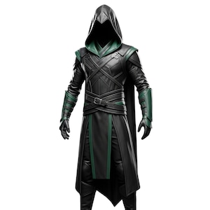 Men&#39;s Leather Assassin Costume: Hooded Gothic Outfit with Dark Green Accents