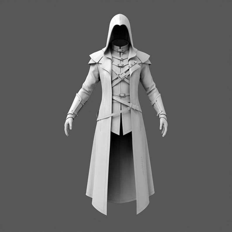 May include: A white hooded coat with a long, flowing design. The coat features a high collar, shoulder pads, and intricate strap and buckle details across the chest. The sleeves have armored cuffs, and the coat is open in the front.