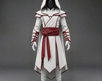 Handmade Leather Assassin Costume: White & Red Hooded Cloak, LARP Cosplay