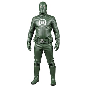 May include: A full-body green costume with a mask, gloves, and boots. The costume features a white emblem on the chest and a utility belt. The outfit is made of a leather-like material and is designed to resemble a superhero.