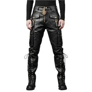 Black Gothic Leather Pants for Men | Punk Rock Lace Up Cargo Pants with Gold Zippers and Buckles | Handmade Biker Steampunk Trousers