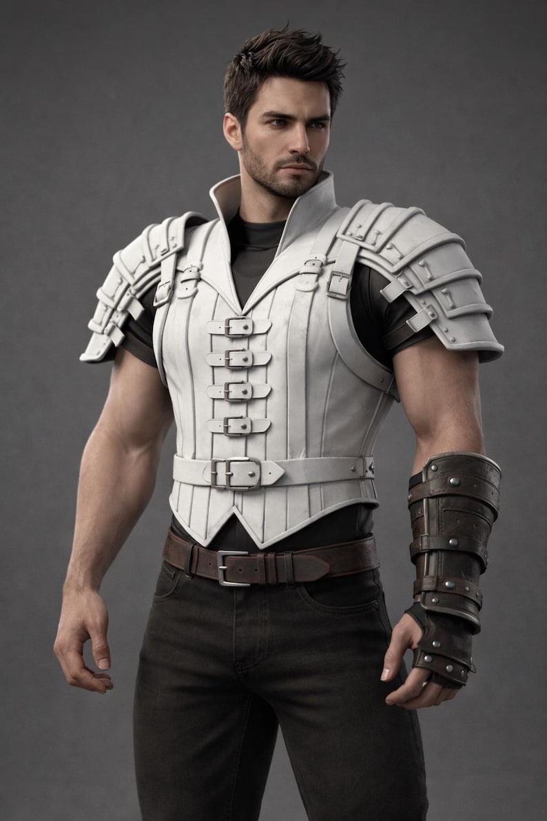 Men’s White Assassin Leather Hooded Coat | Handmade Cosplay Costume | Gothic Medieval Stealth Warrior Outfit image 2
