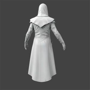 May include: A white hooded cloak with a long, flowing design. The cloak features a high collar, shoulder accents, and fitted sleeves. The back of the cloak has a decorative, pointed design. The gloves are also white. The cloak is made of a smooth, possibly leather-like material.