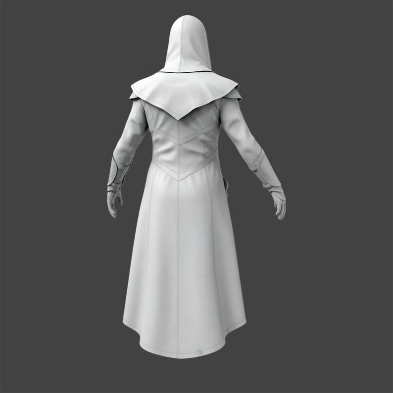 May include: A white hooded cloak with a long, flowing design. The cloak features a high collar, shoulder accents, and fitted sleeves. The back of the cloak has a decorative, pointed design. The gloves are also white. The cloak is made of a smooth, possibly leather-like material.