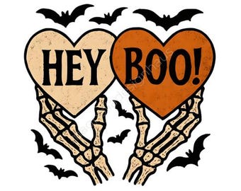 Hey Boo Halloween PNG: Design a sublimazione del cuore scheletrico (download digitale)