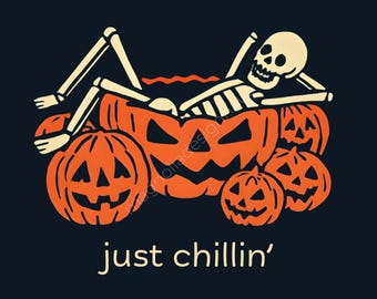 Lustiges Halloween-Skelett PNG: Chillin 'Kürbis Sublimationsdesign (Digitaler Download)