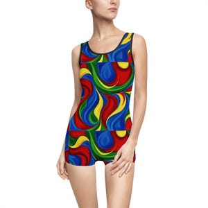 Colorful Women&#39;s Vintage Swimsuit, Retro Bathing Suit, Beachwear for Summer, Pool Party Outfit, Fun Swim Gear, Vibrant AOP Design