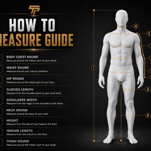 May include: A guide titled "HOW TO MEASURE GUIDE" with a diagram of a human figure. The guide details how to measure body chest, waist, hips, sleeve length, shoulders width, neck, height, inseam, and thigh. The image is on a black background.