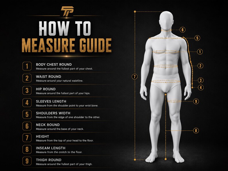 May include: A guide titled "HOW TO MEASURE GUIDE" with a diagram of a human figure. The guide details how to measure body chest, waist, hips, sleeve length, shoulders width, neck, height, inseam, and thigh. The image is on a black background.